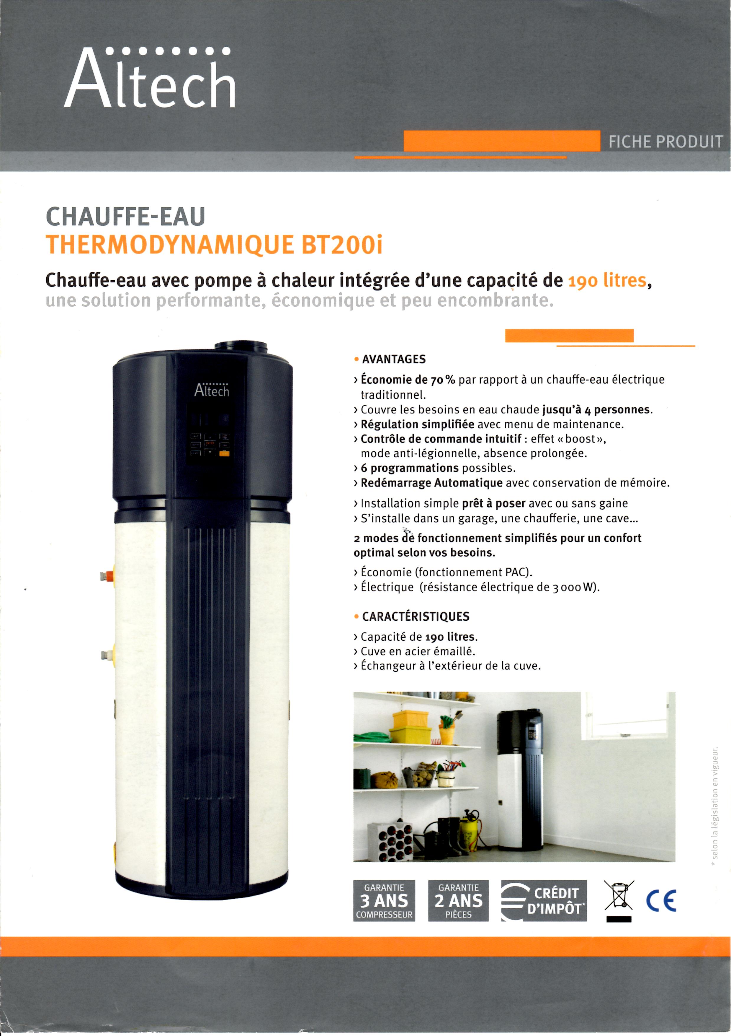 Chauffe-eau thermodynamique Altech BT180